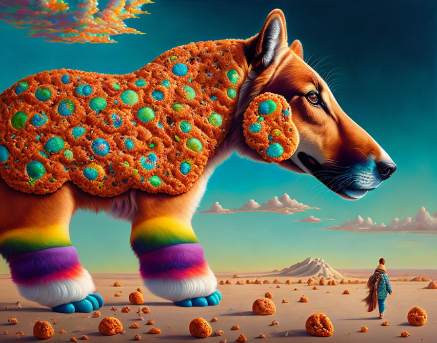 Large dog with cookie coat & colorful legs observed in surreal desert scene