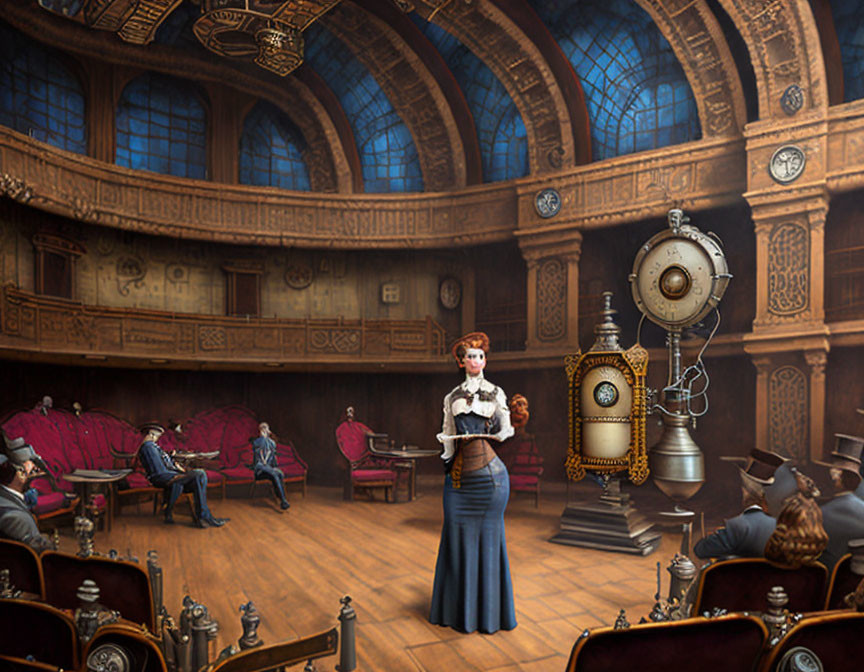 Woman in steampunk auditorium with clockwork mechanism.