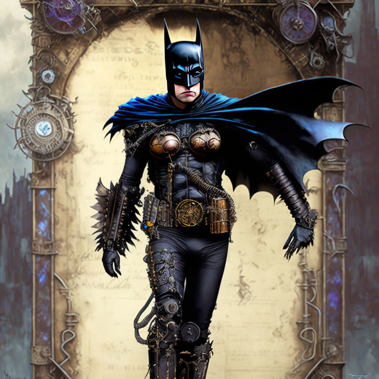 Female Batman illustration: blue cape, armored suit, steampunk style, gothic background