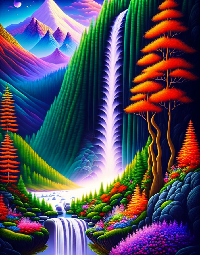 Colorful Landscape with Waterfall, River, and Mountains