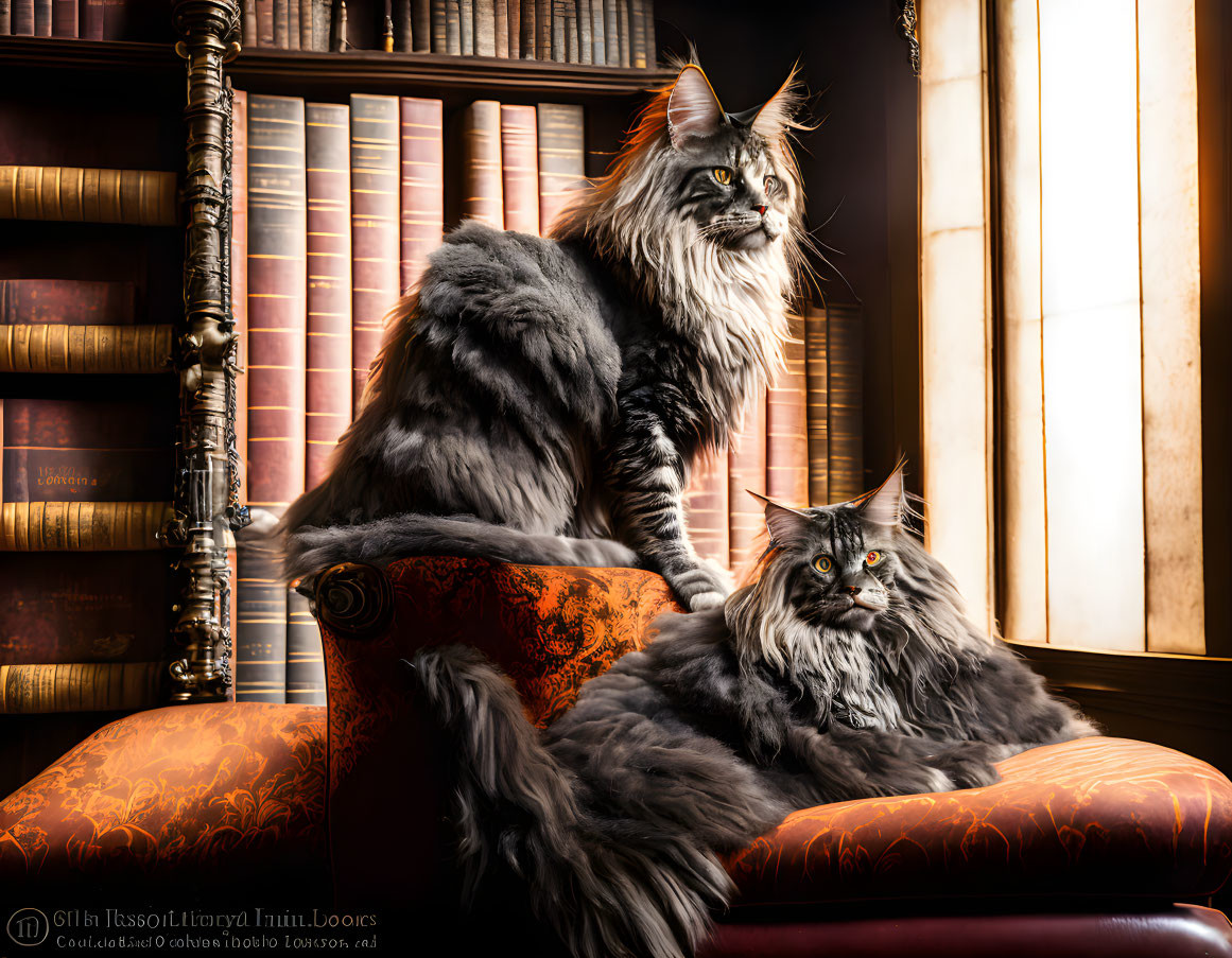 Majestic Maine Coon Cats on Luxurious Red Chair in Sunlit Room