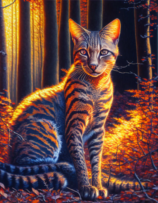 Striped cat in forest with sunlight filtering through trees