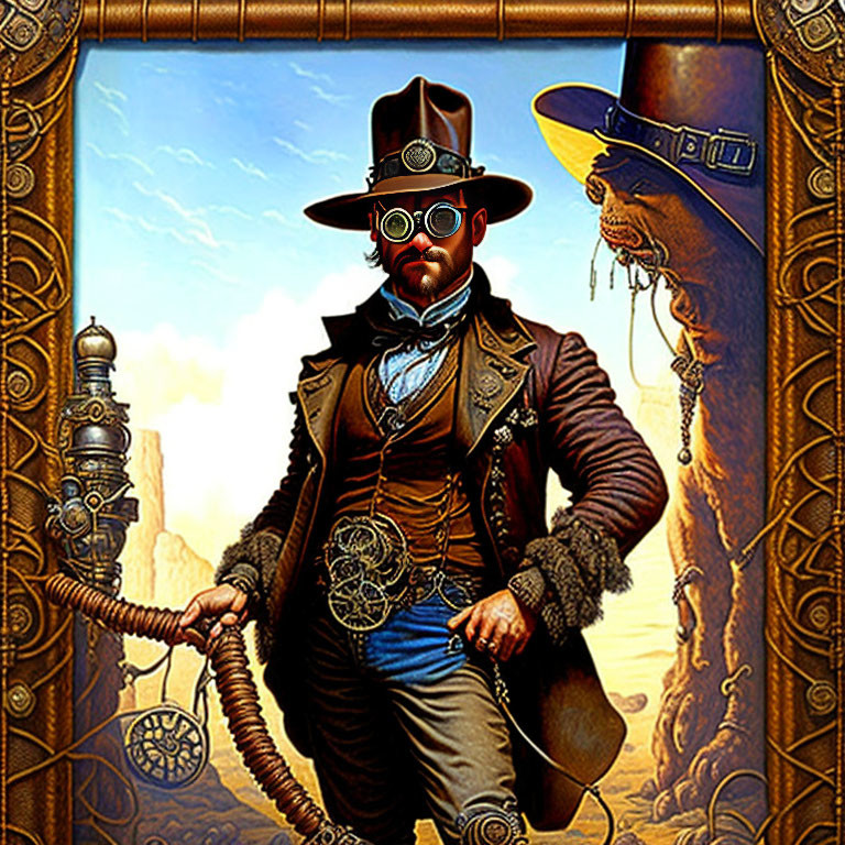 Steampunk-themed artwork featuring man in vintage attire and mechanical gears