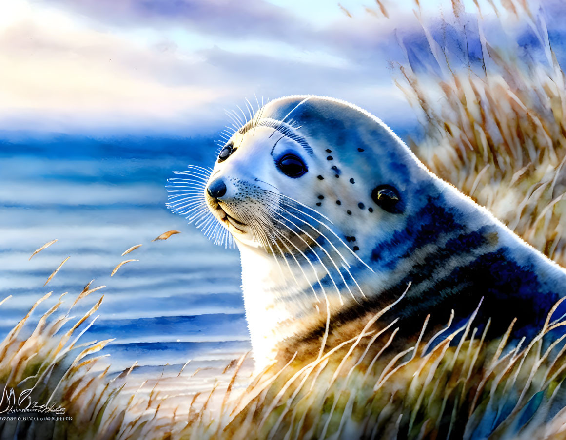 Spotted fur seal resting in golden grass with blue sky and clouds