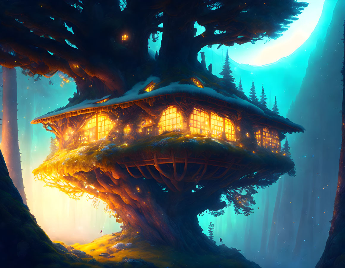 Glowing windows treehouse in mystical forest