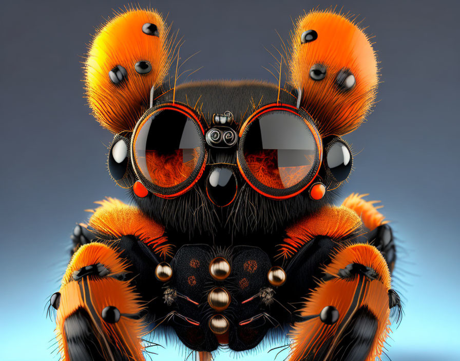 Furry spider with orange patterns and sunglasses.