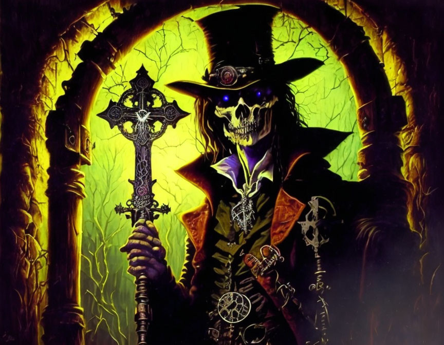 Skeleton in Top Hat with Glowing Eye and Cross Staff by Arched Portal