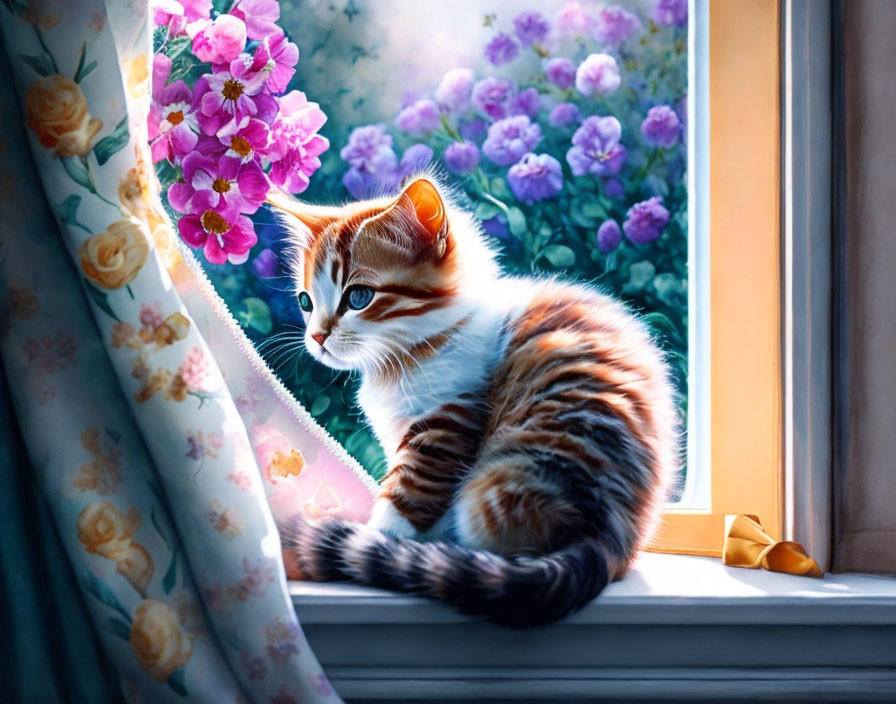 Striped kitten by sunny window with purple flowers, floral curtain, yellow ribbon