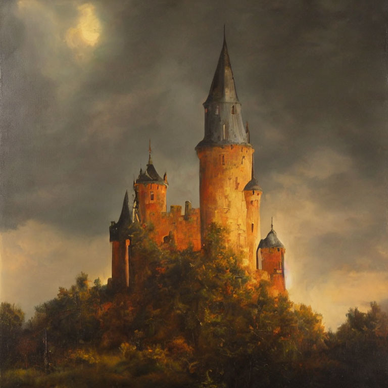 Dark landscape with old castle under moonlit sky