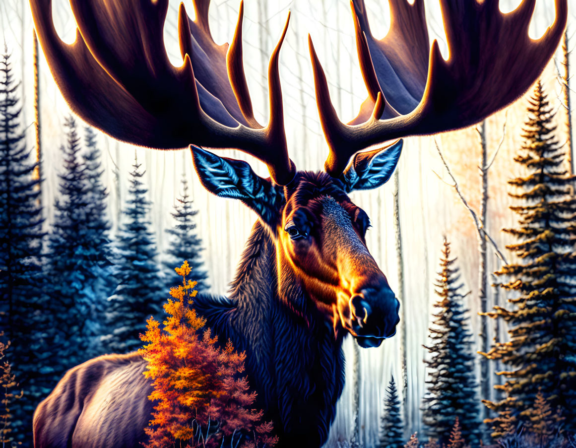 Majestic moose with expansive antlers in forest at sunrise.