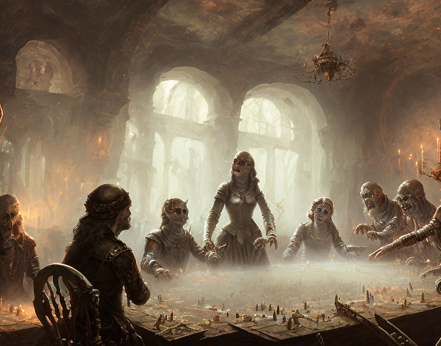 Fantasy artwork of robed figures playing a tabletop game in grand medieval hall