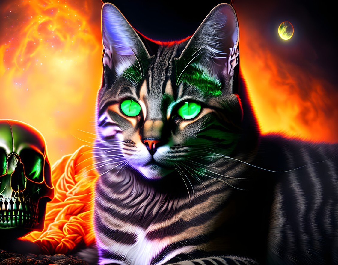 Digital artwork: Cat with green eyes, flames, skull, roses, cosmic background