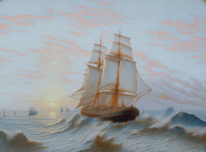 Sailing ship with full sails in rough sea waves at sunset