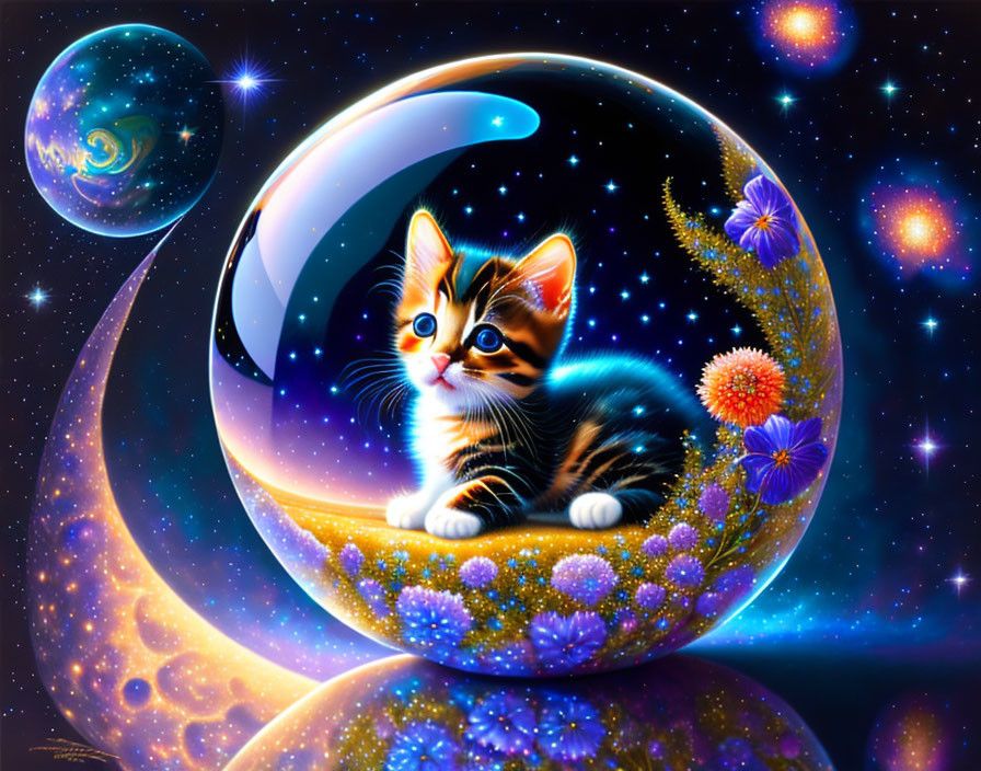 Colorful Kitten in Flowered Cosmic Sphere with Celestial Background