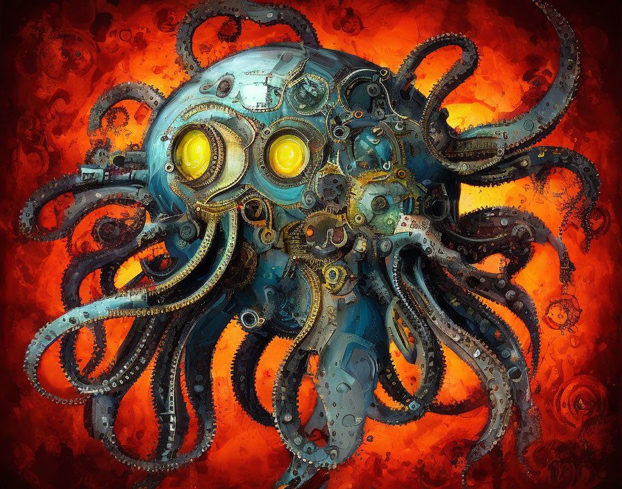 Steampunk octopus with mechanical parts on fiery background