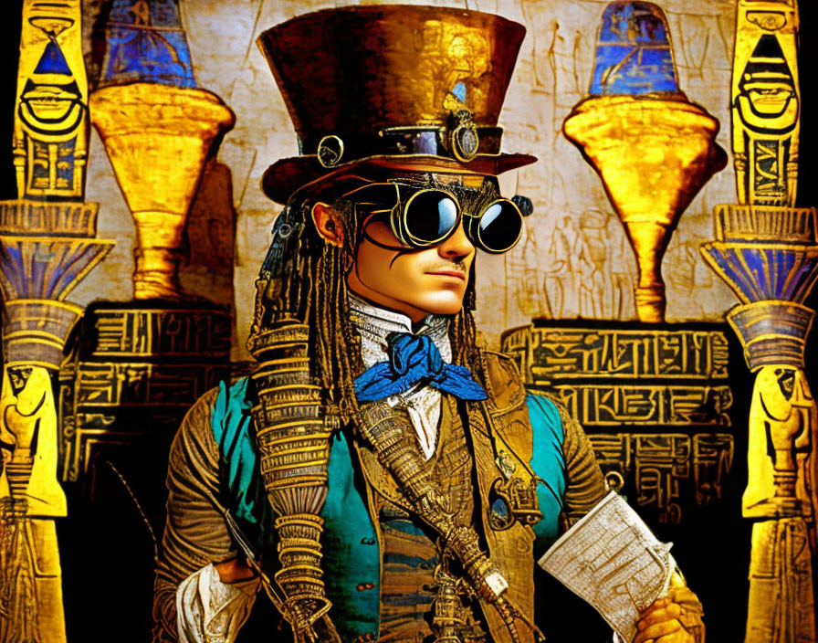 Steampunk-themed person with goggles and top hat against Egyptian hieroglyph backdrop