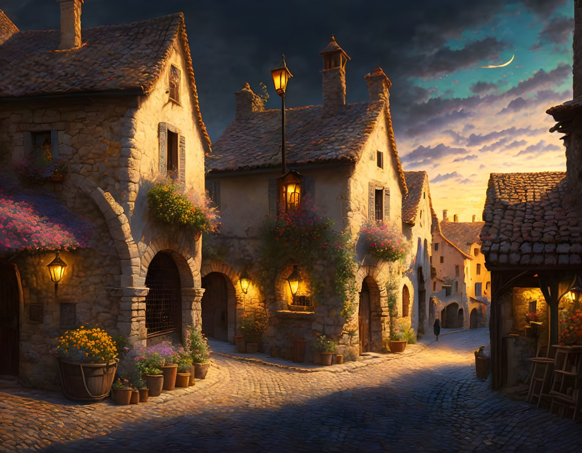 Picturesque cobblestone street in a village with stone houses and colorful flowers at dusk