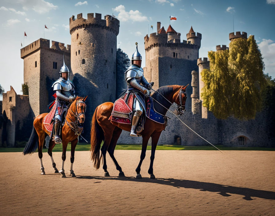 Medieval castle with two knights on horses