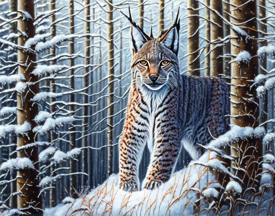 Lynx in snowy forest with falling snowflakes