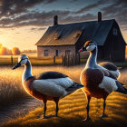 Rustic house and geese in sunset-lit rural field