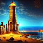Ancient lighthouse, ruins, fortress by starlit sea & twilight sky