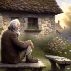 Elderly man on rustic wooden bench by stone cottage at sunset