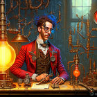 Steampunk-inspired portrait of a man with round glasses, a bow tie, and a red jacket