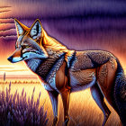 Fox in field with purple flora under dramatic sunset sky