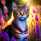 Colorful Tabby Cat in Flower Field with Green Eyes