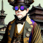 Steampunk gentleman with blue goggles and gears in front of Asian pagoda.