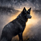 Majestic black dog in mystical glowing snow scene