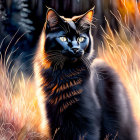 Majestic black cat with blue eyes in sunlit amber grass