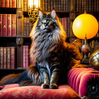 Long-Haired Cat on Red Velvet Cushion with Vintage Bookshelf and Golden Light Fixtures