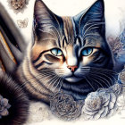 Detailed Artwork: Cat with Striking Blue Eyes & Blue Floral Patterns