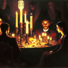 Group of solemn individuals around candlelit table in dark setting