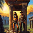 Man and woman adventurers in ruins with ancient doorway and columns at sunset