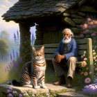 Elderly man with a cat on bench near wooden hut in lush garden