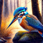 Vibrant kingfisher on rock with blue and orange plumage in misty forest