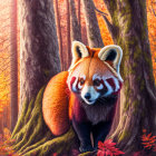 Colorful Autumn Forest Red Panda Illustration with Bushy Tail Holding Leaf