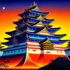 Japanese castle at dusk with vibrant sky and full moon.