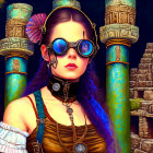 Steampunk girl with purple hair in vibrant fantasy setting