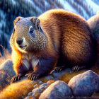 Plump marmot in sunlight with mountain backdrop