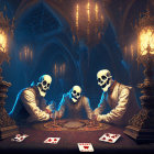 Gothic-style room with skeletons playing cards