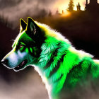 Vibrant digital artwork: Green fur husky in misty forest sunrise