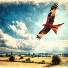 Majestic eagle flying over serene rural landscape