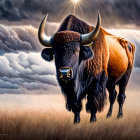 Majestic bull with large curved horns in golden field under dramatic sky