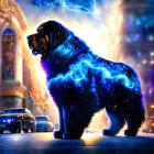 Glowing blue energy outlines dog on night street with car and buildings