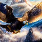 Majestic bald eagle soaring over golden sunrise mountain landscape