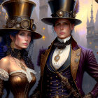 Steampunk-themed duo with top hats and goggles in front of a fantastical cityscape