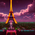 Neon-lit Eiffel Tower in pink and purple dusk cityscape